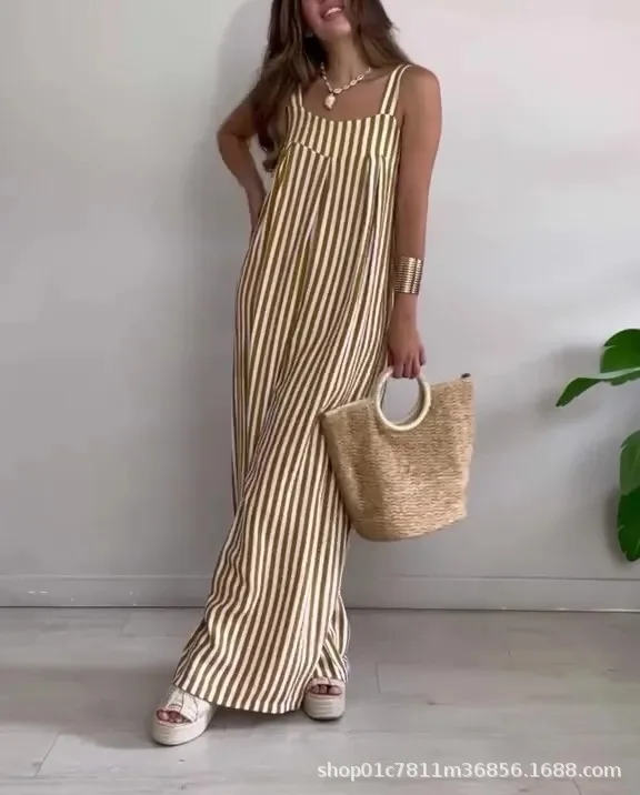 Women's Casual Stripe Jumpsuit Summer Spaghetti Strap Sleeveless Loose Wide Legs Jumpsuits New Femlae Bodysuits Rompers 