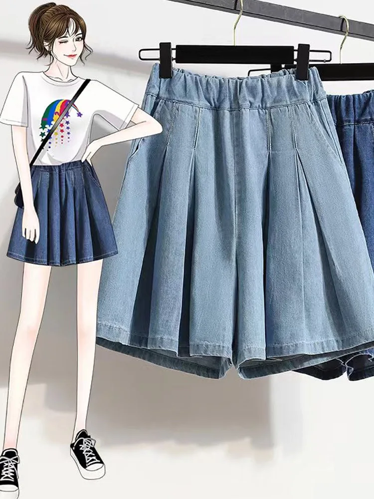 

plus Size Women's Summer Outdoor Wear Floral Denim orts High Waist A-Line Slim Wide Leg Five-Quarter Pants Casual Sle