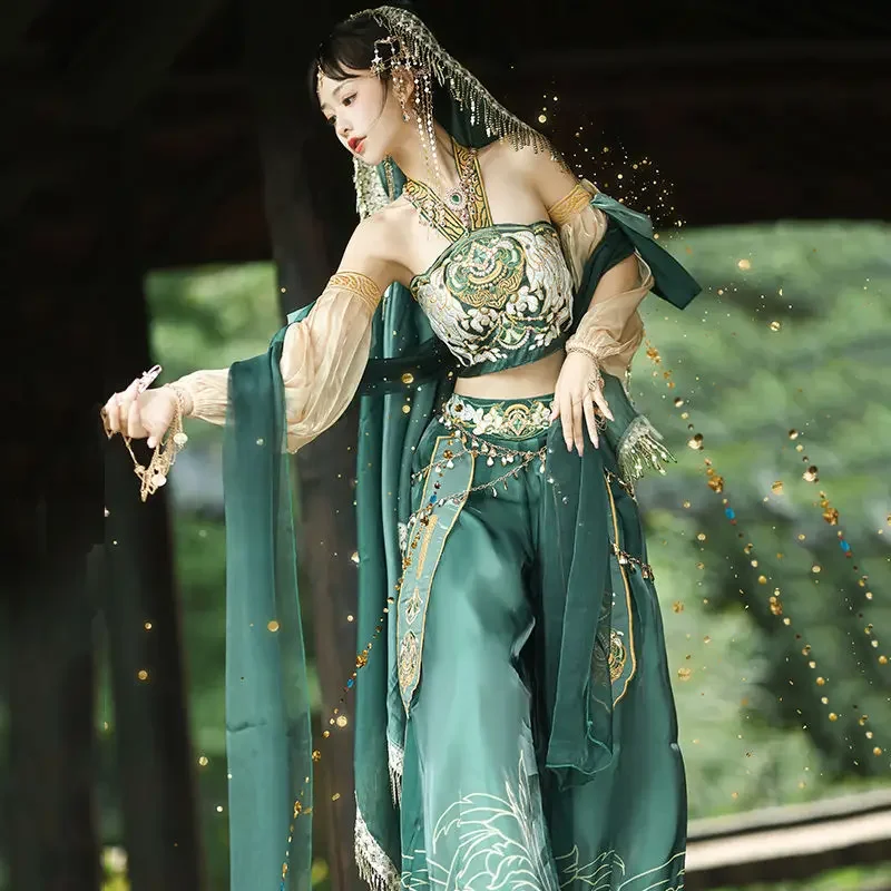 Vêtements traditionnels de princesse de jeune fille Dunhuang, robe trempée, ensemble Hanfu vert pour filles volantes, costume Han 152, régions occidentales