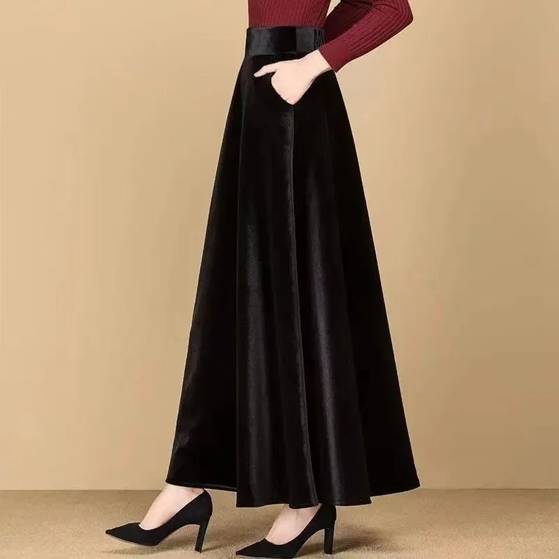 Autumn Ladies High Waist Maxi Skirt Korean Female Large Size 4XL Golden Velvet Long Skirts 2025 Women Casual A-line Large Skirts