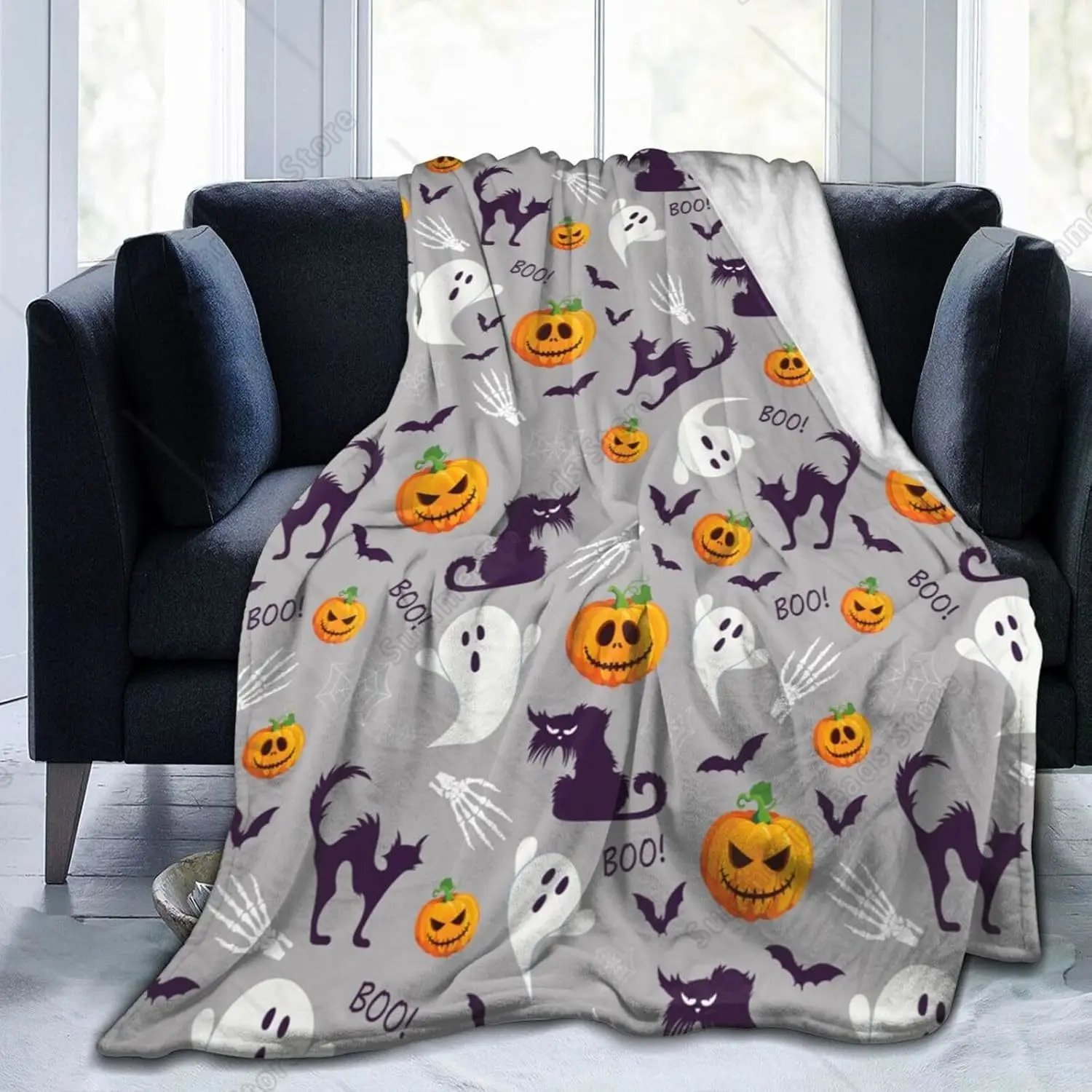 Halloween Blanket Pumpkin Cat Bat Ghost Throw Blanket Cozy Fleece Flannel Plush Bedding For Boys Girls Men Women Kids For Couch