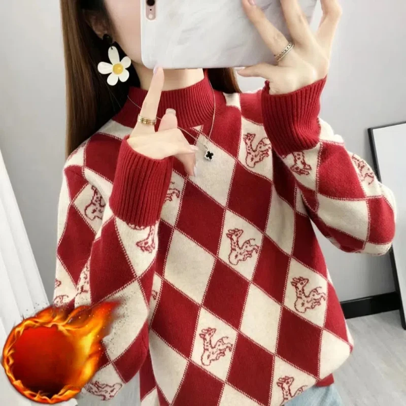 Chique geruite contrasterende kleur herfst winter schroefdraad trui damestrui met lange mouwen gebreide Koreaanse flatterende tops