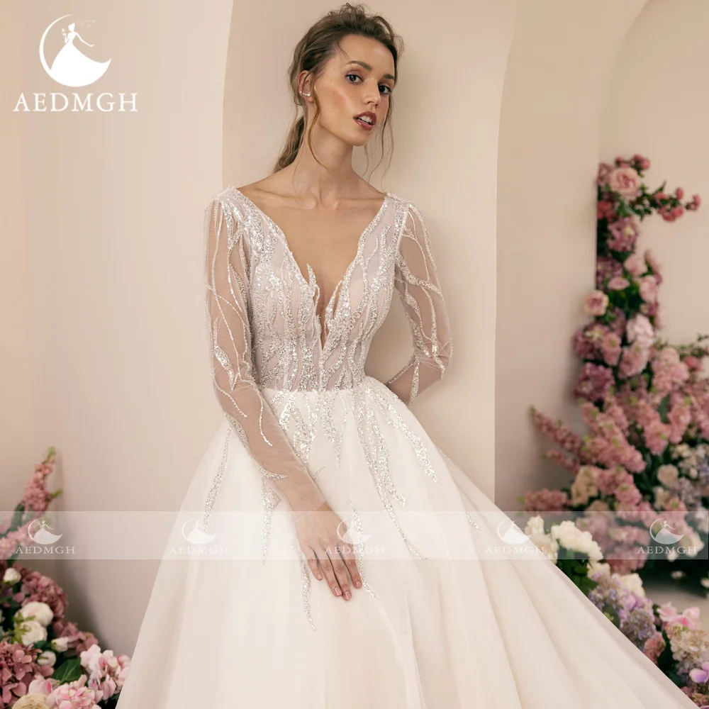 Aedmgh A-Linie romantische Brautkleider V-Ausschnitt Langarm Court Zug Vestido de Novia Spitze Pailletten Robe de Mariee