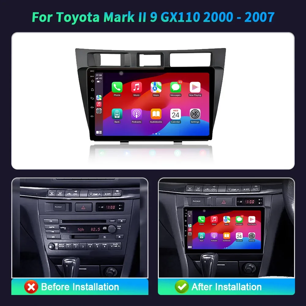 Autoradio Android 14, Navigation GPS, BT, Écran Carplay, Lecteur Vidéo, 4G, pour Toyota Mark II 9 GX110 (2000-2007)