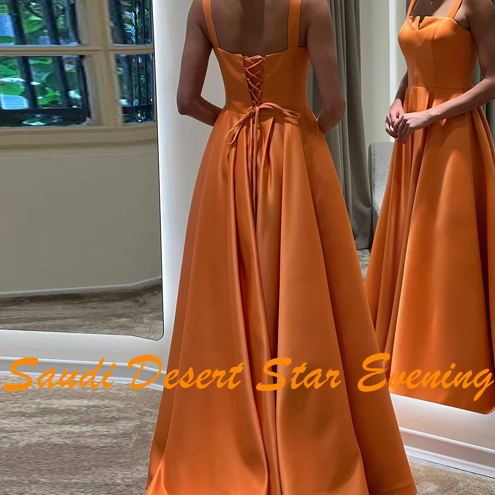 A-Line Square Neck Spaghetti Straps Satin Sleeveless Elegant and Temperament Evening Gowns Pleats Lace Up Back Saudi Arabia 2024