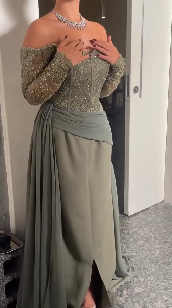 Evening Gown - マーメイドプリーツビーズオフショルダープロムドレス ロング丈 レディース 2027 長袖シフォンフォーマルイブニングガウン カスタマイズ可能