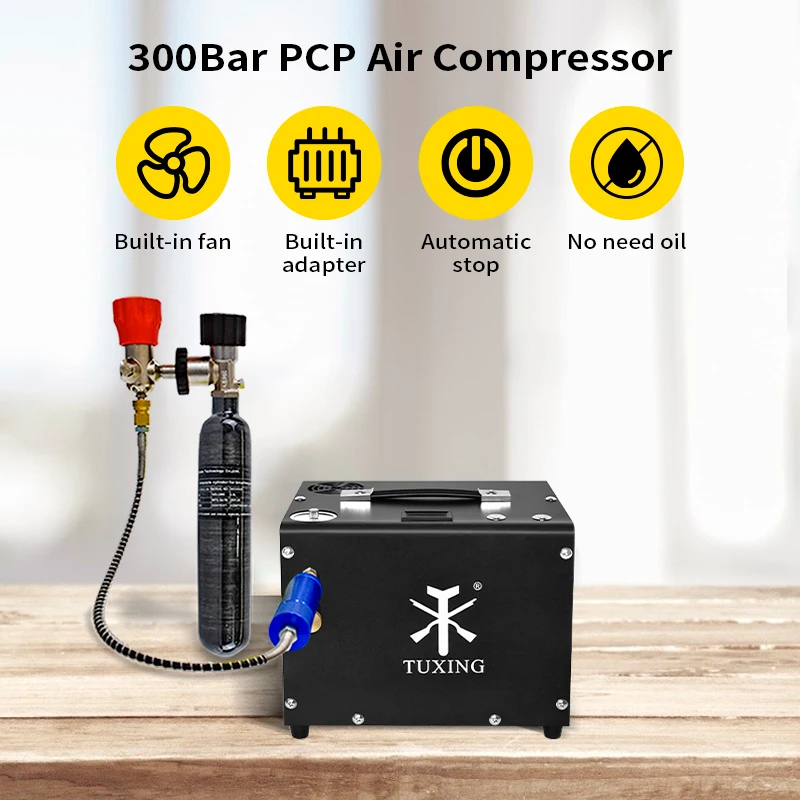 TUXING 4500psi 300bar PCP Air Compressor Built-in 12V Transformer High Pressure Compressor for Diving PCP Air Rifle TXET062