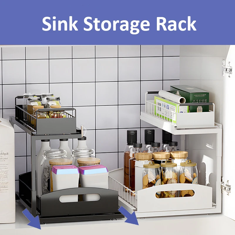 Sliding Kitchen Sink Organizer 2 Tier Pull Out Sink Cleanup Shelf Spice Rack Bathroom Toilet Cabinet Under Sink Storage Rack