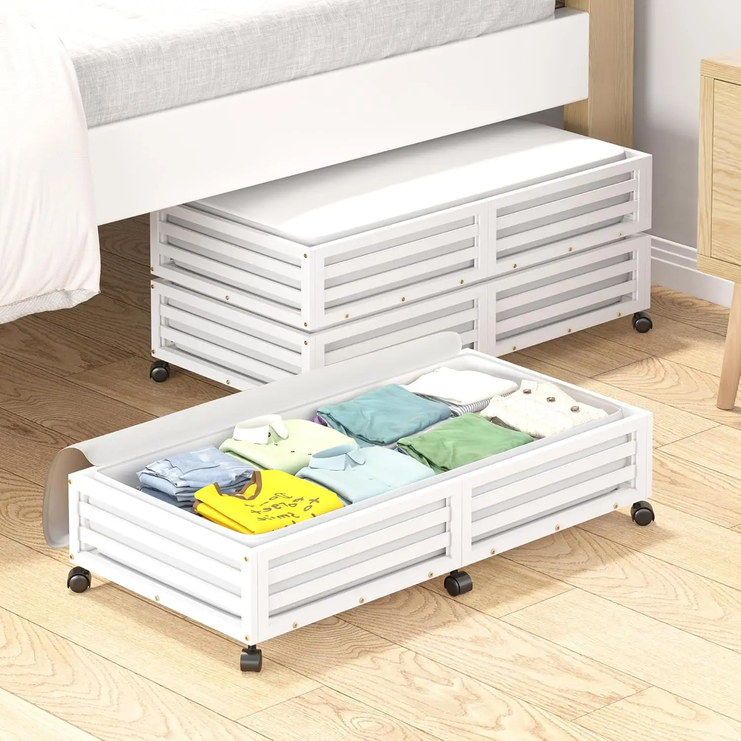 

Bamboo Under Bed Storage Containers with Wheels, Large Capacity Dust Bag, 2 Packs