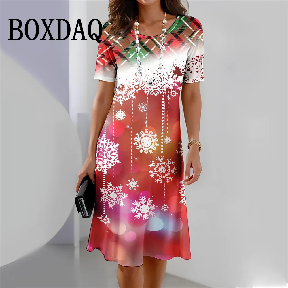 

Womens Dresses 2024 New Fashion Gradient Plaid Christmas Snowflake 3D Printed Dress Casual O-Neck Loose Mini A Line Party Dress