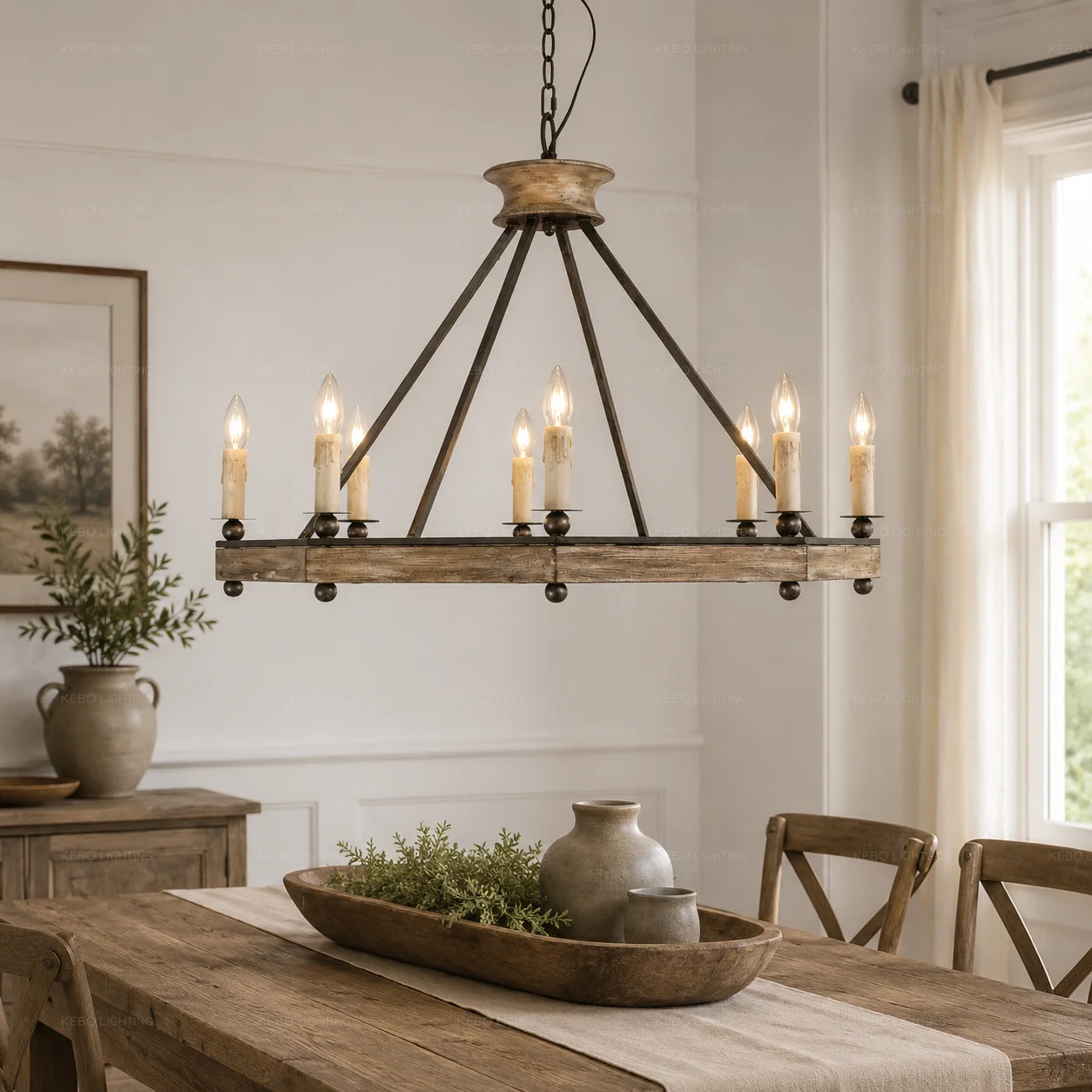 Wood Wagon Wheel Chandelier with Candle Shade, 8 Lights, Modern Farmhouse Style, Ideal for Dining Room, Kitchen, Entryways