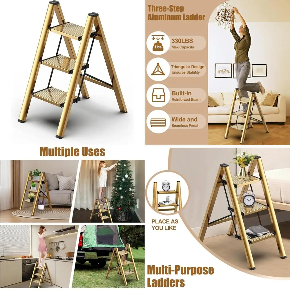 Scaletta pieghevole in alluminio: leggera capacità di 330 libbre, antiscivolo, ideale per armadi e cucine con stabilità a coda lunga F