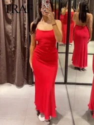 TRAF 2024 Woman Sexy Slim Red Folds For Evening Party Dress Women Sleeveless Back Zipper Backless Suspender Sling Midi Dress