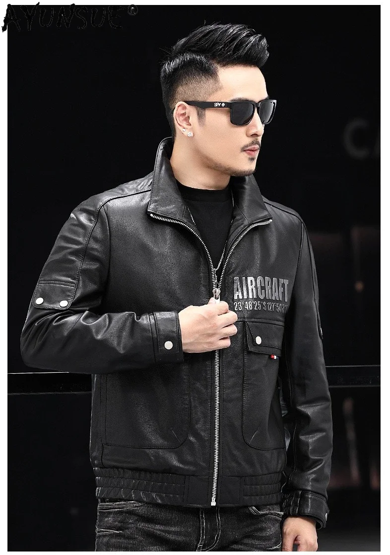 AYUNSUE 100% Genuine Cow Leather Jacket Men Top Layer Cowhide Leather Jackets Short Motorcycle Leather Coat Jaqueta Masculina