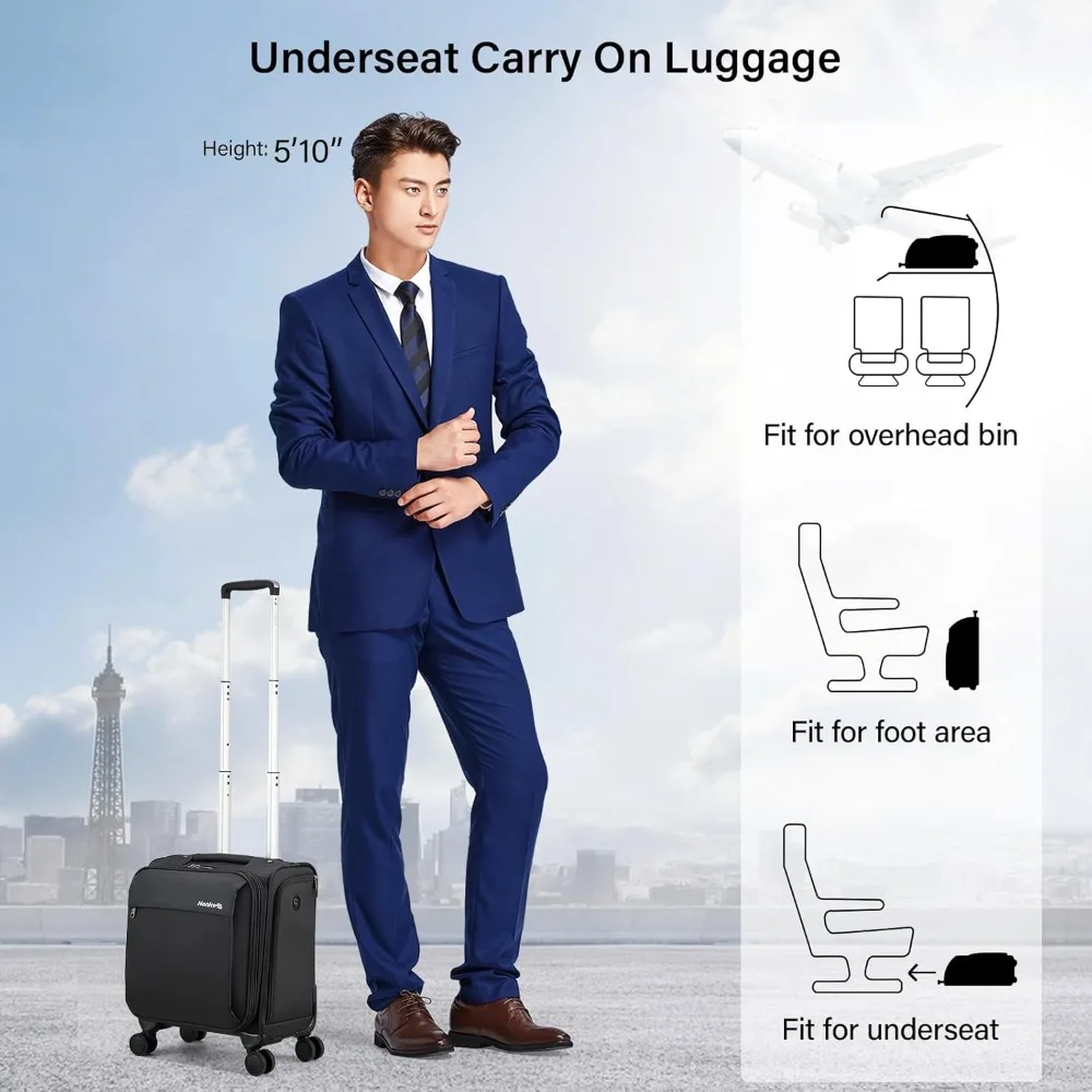 Lightweight 16 Inch Softside Underseat Carry-On Luggage with Wheels, Small Suitcase for Travel, Ultra-Portable Bag for Efficient