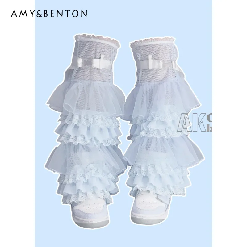Japanese Subculture Mine Series Water Color Heavy Industry Multi-layer Lace Mesh Lace-up Leg Warmer Gothic Lolita Legwarmers