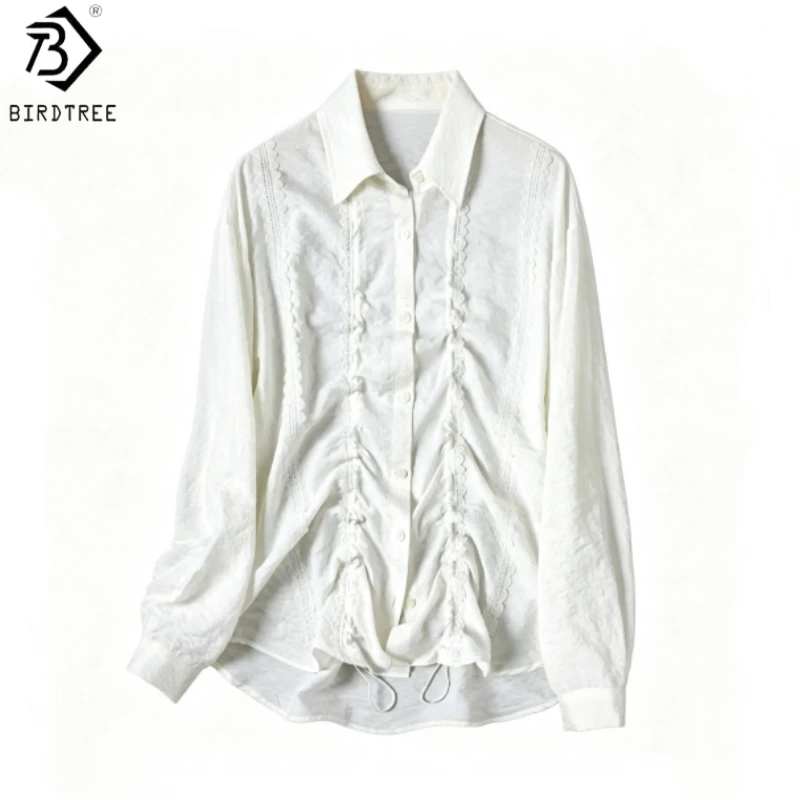 Birdtree, 76% Real Silk 24% Nylon Blouse, Lapel Full Sleeve Tops, Women Dry Silk Lace Drawstring Shirt, 2026 Autumn New T67029JF