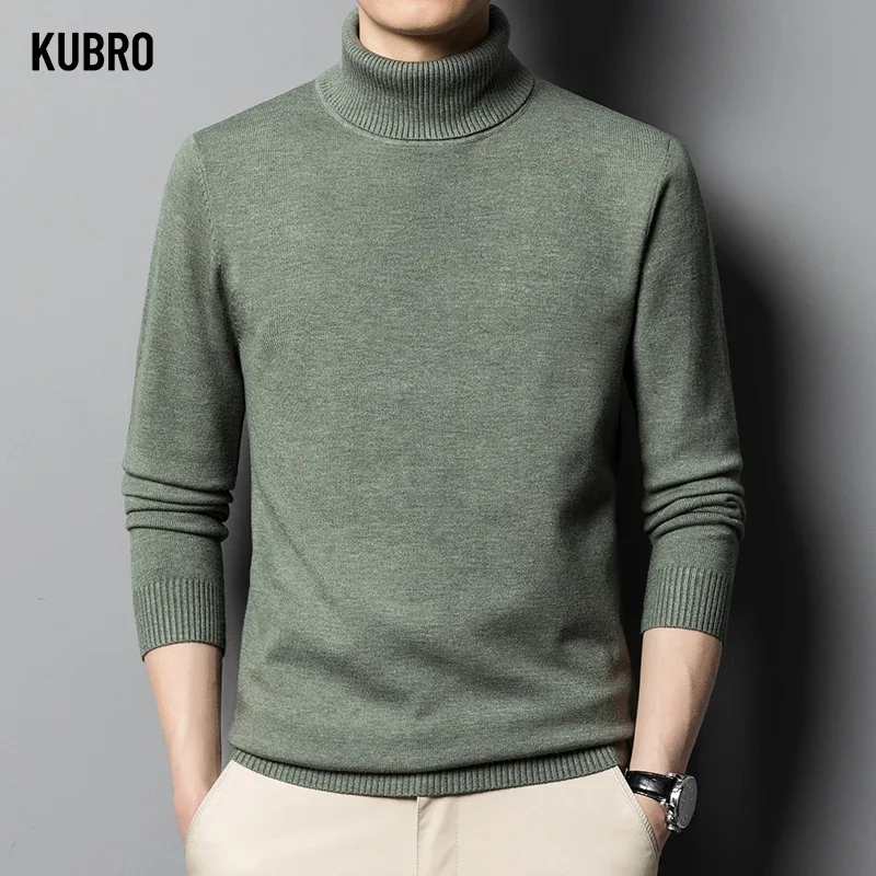 

KUBRO 2023 Autumn Winter New Men's High Quality Turtleneck Wool Sweater Solid Color Knit Tight Warm Casual Bottom Pullover Top