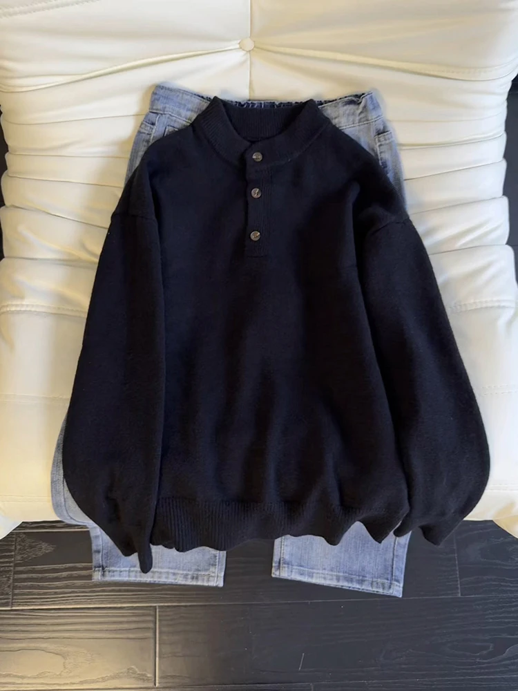 

American Sle Thiened Men's Sweater Bla Henry Collar Knitted Winter Leisure Inner Wear Base irt Loose Fit Long Sl...