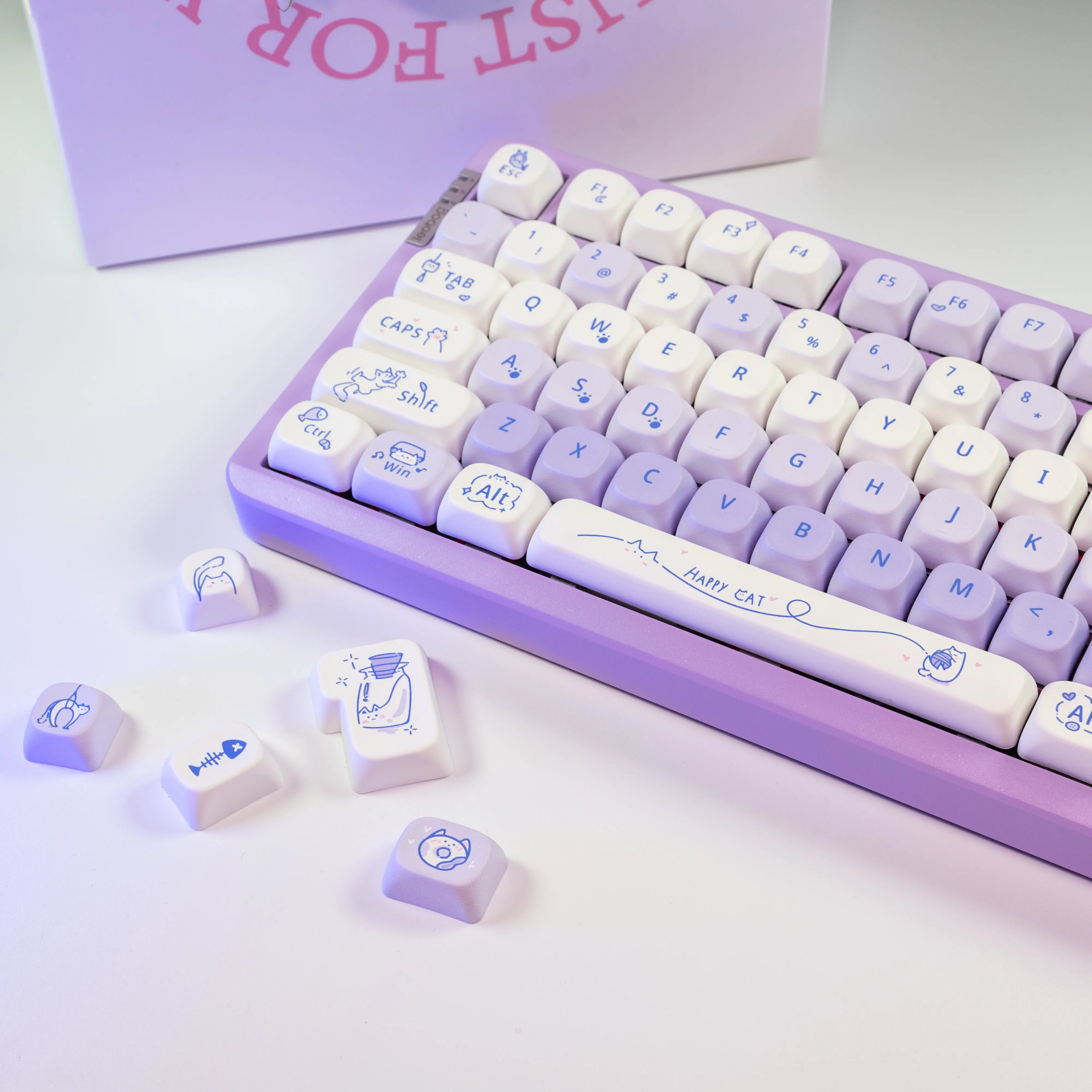 CAPWAYI Taro Cat Artisan Keycaps 130 toetsen PBT-set, MOA-profiel 5-zijdige Dye-Sub paars wit thema met metalen visgraatcadeau voor MX