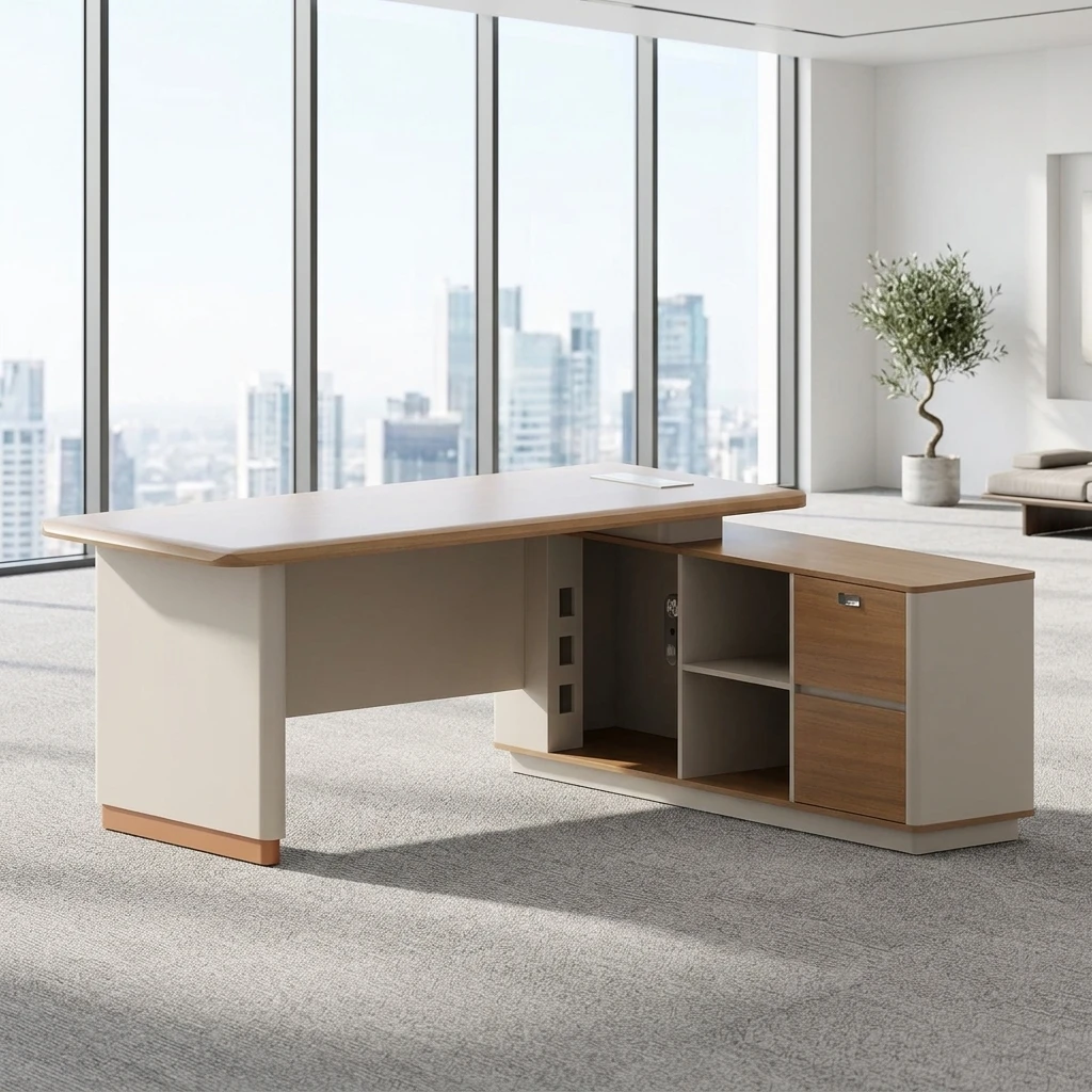Modern minimalist executive desk and chair set with side cabinet - wood material 2m length optional commercial office building