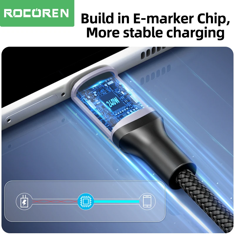 Rocoren 100W USB C TO Type C สาย USB PD 3.1 240W สายชาร์จเร็วสาย USB-C 5A typec สำหรับ iPhone 15 MacBook Samsung
