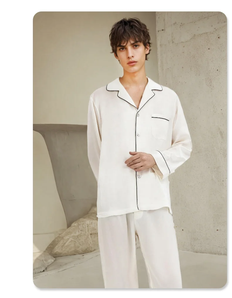 Nieuwe zomerstijl 19 Momme zwaargewicht zijden pyjama voor heren - 100% moerbeizijde met lange mouwen en lange broek Cool-feel loungewear