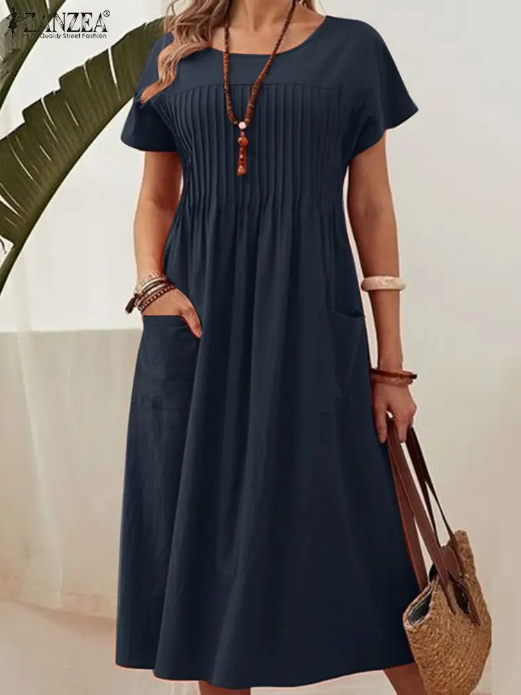 Elegant Summer Sundress ZANZEA Fashion O-Neck Short Sleeve Dress Women\'s Dresses 2023 Retro Pleated Trim Kaftan Vestidos Robe