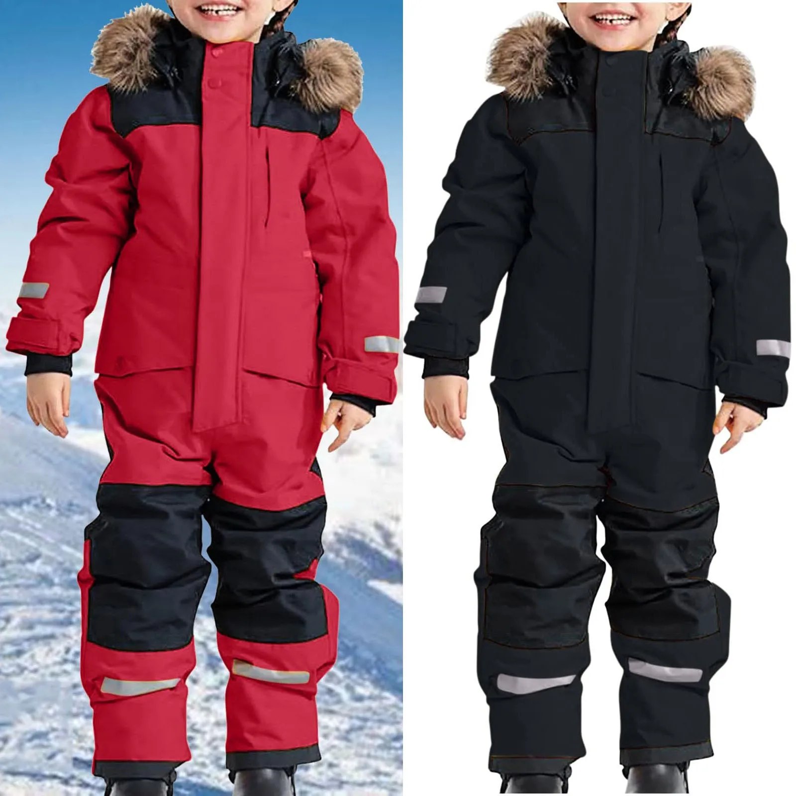 Children'S Snowsuit Winter Warm Boys Ski Suit Thermal Ski Overall Snow Overall Suit With Removable Hood Mud Suit Outdoor Suit