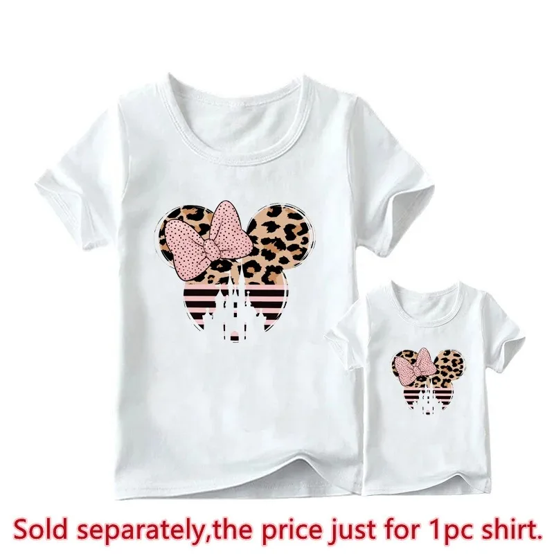 New Leopard Minnie Mouse Print Kawai Mother Kids Family Matching Outfits Disney Tops White Short Sleeve Mom and Daughter Clothes