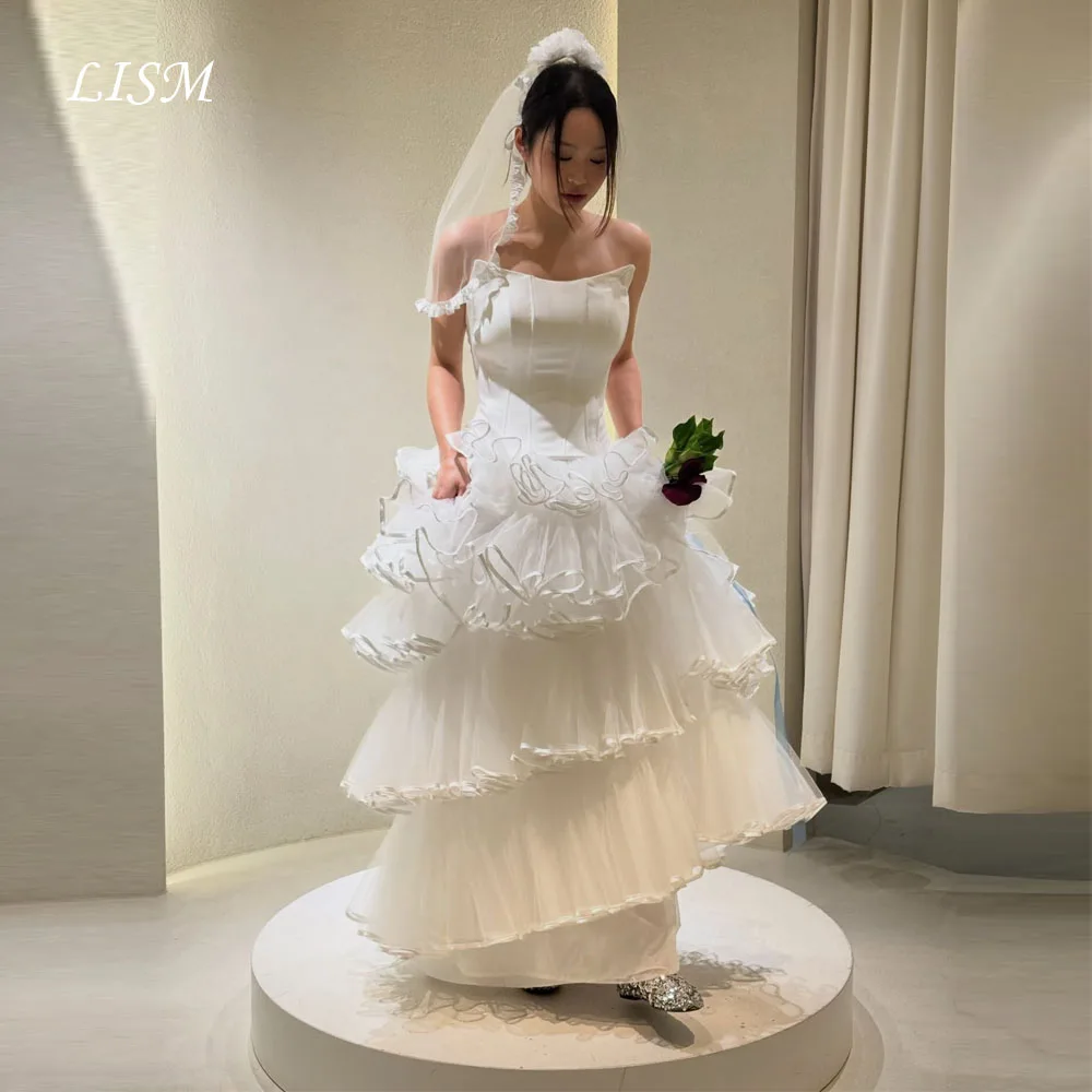 LISM Tiered A-Line Korea Wedding Dresses Strapless Tulle Satin Sweet Long Bridal Gowns Customized 웨딩드레스 Photo Shoot