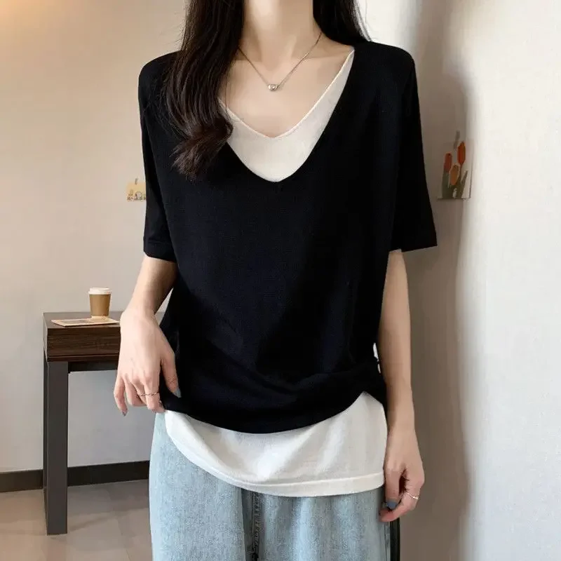 Camisetas informales holgadas y elegantes para mujer, jerséis de moda de Color sólido con retazos de manga corta y cuello en V, ropa para mujer JJ352