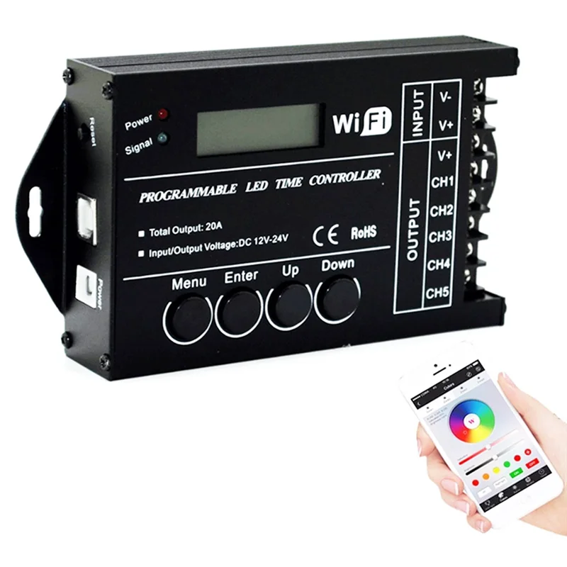 Controlador LED programable por tiempo, atenuador de tira de LED programable, 5 CANALES, 20a, 12V, 24V, WiFi, RGB, TC421