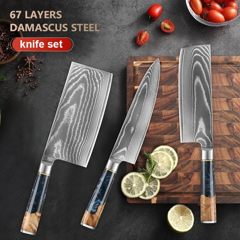 

1-3PC set Damascus Kitchen Chef Knife ,Nakiri Knife，Cleaver knife,Cooking Tools Resin wood handle