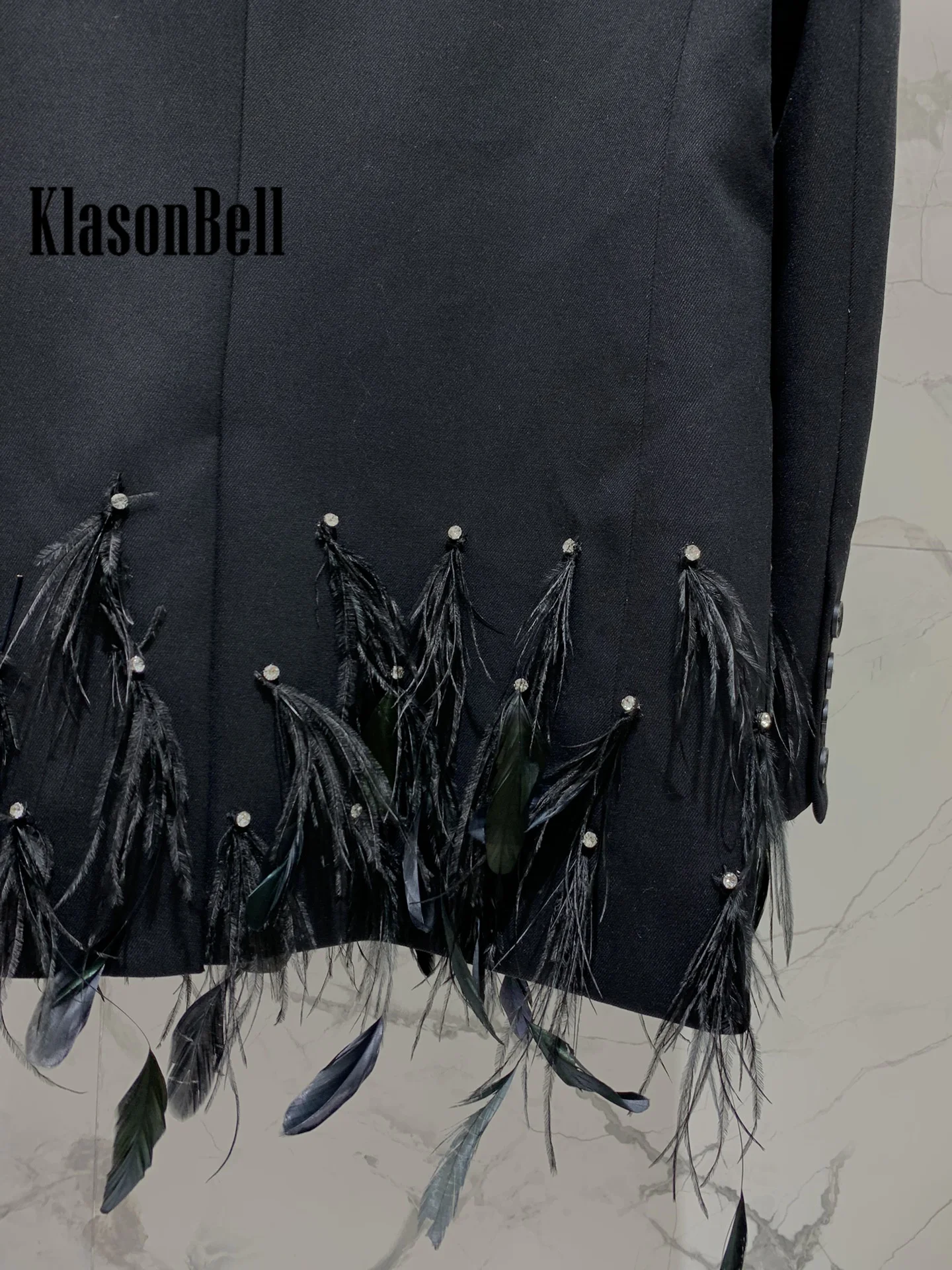 8.4 KlasonBell Women Noble Fashion Feathers Beading Loose Blazer Temperament Shoulder Pads Single Breasted Black Jacket Coat