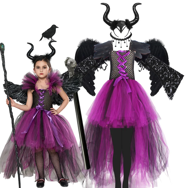 

Maleficent Halloween For Children Costume Tulle Purple Black Dress Girls Cosplay Vestidos Party Evil Queen Mesh Princess Dresses