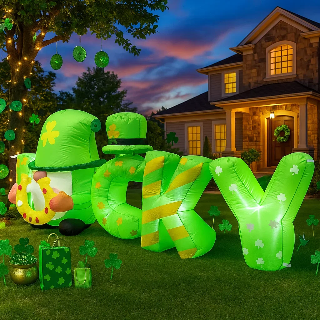 1.8M/5.9FT 聖パトリックデー インフレータブルおもちゃ DIY エルフデコレーション ホリデーラッキーヤードデコレーション LEDライトデコレーション 聖パトリックデーギフトオーナメント