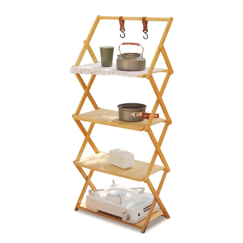 Outdoor Rack Camping Foldable Multi-layer Portable Installation-free Bamboo Storage Rack Multifunctional Folding Table With Bag