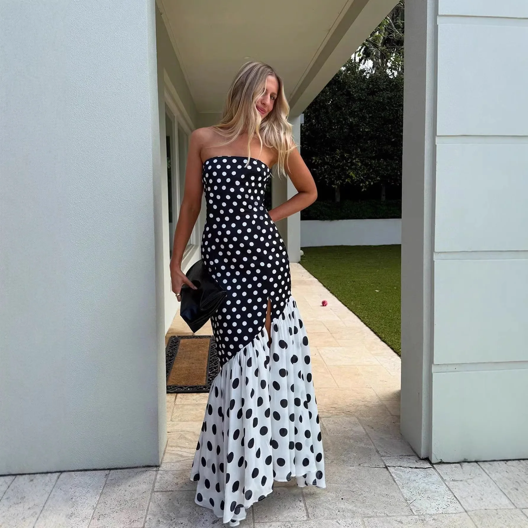 

2026 Tube Top Polka Dot Open Shoulder Long Slim Dress