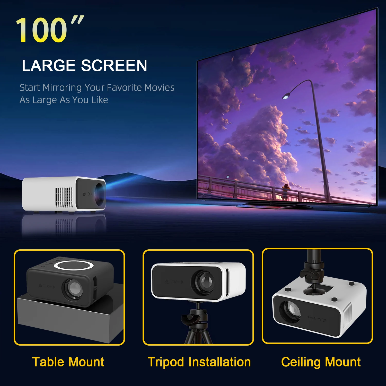 Home high-definition projector YT300. Easy to carry. Mobile cinema. Outdoor use. Used for home theaters. Pocket projector.