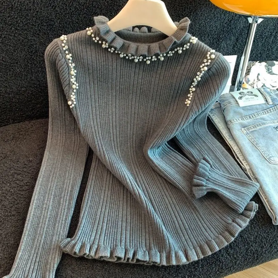 

High-end fungus lace beaded semi-turtleneck sweater bottoming shirt women's autumn and winter new models slim-fit top