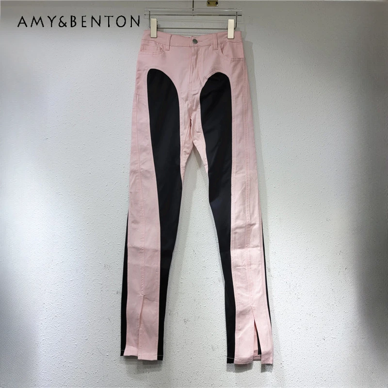 

2024 Spring Summer New Jeans American Retro Slimming High Waist Color Contrast Patchwork Stretch Pencil Denim Trousers For Women