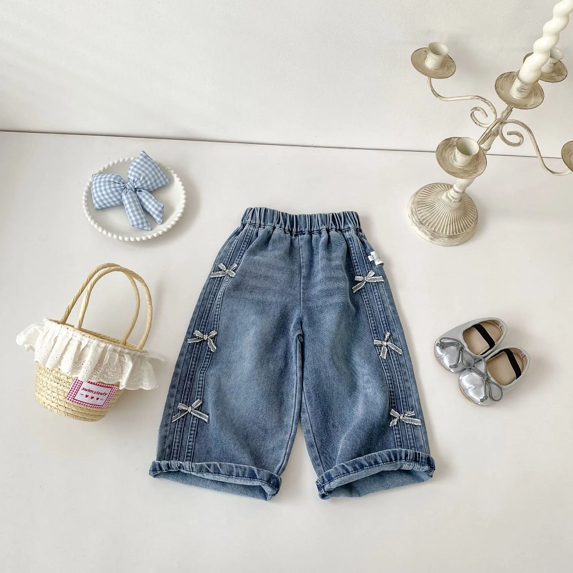 2026 Autumn 6M-6Y Baby Girl Jeans Bow Decor Denim Pants Korean Wide Leg Baggy Trousers Elastic High Waist Soft Casual Daily Pant