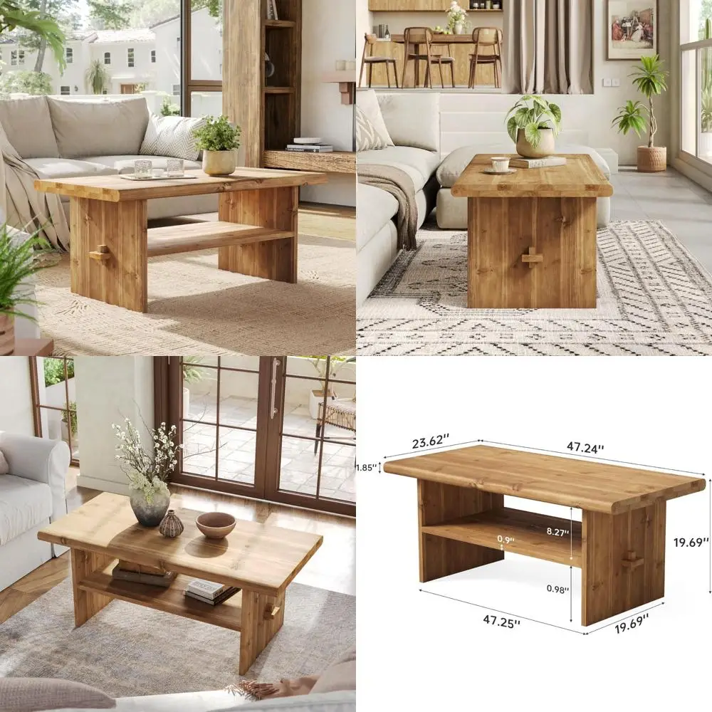 

Журнальный столик из массива ели для гостиной, 47-дюймовый прямоугольный центральный стол со столешницей из натурального дерева и 2-уровневым хранилищем, открытый ш