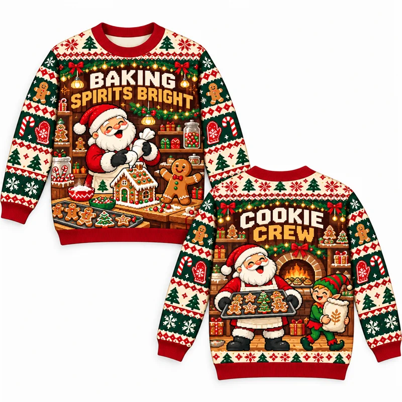 Funny Ugly Christmas Sweater Men Santa Campfire North Pole Express Hocus Pocus Baking Gift Magic Print Long Sleeve Pullover