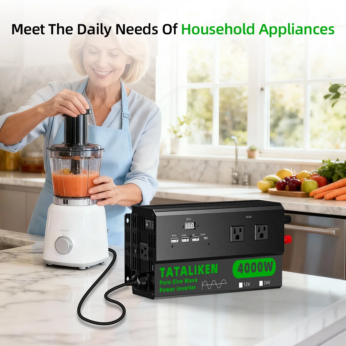 For RV Living & Off-Grid Homes: 4000W-6000W Pure Sine Wave Inverter 12V/24V to 110V with 4 US Outlets, LCD & USB-C