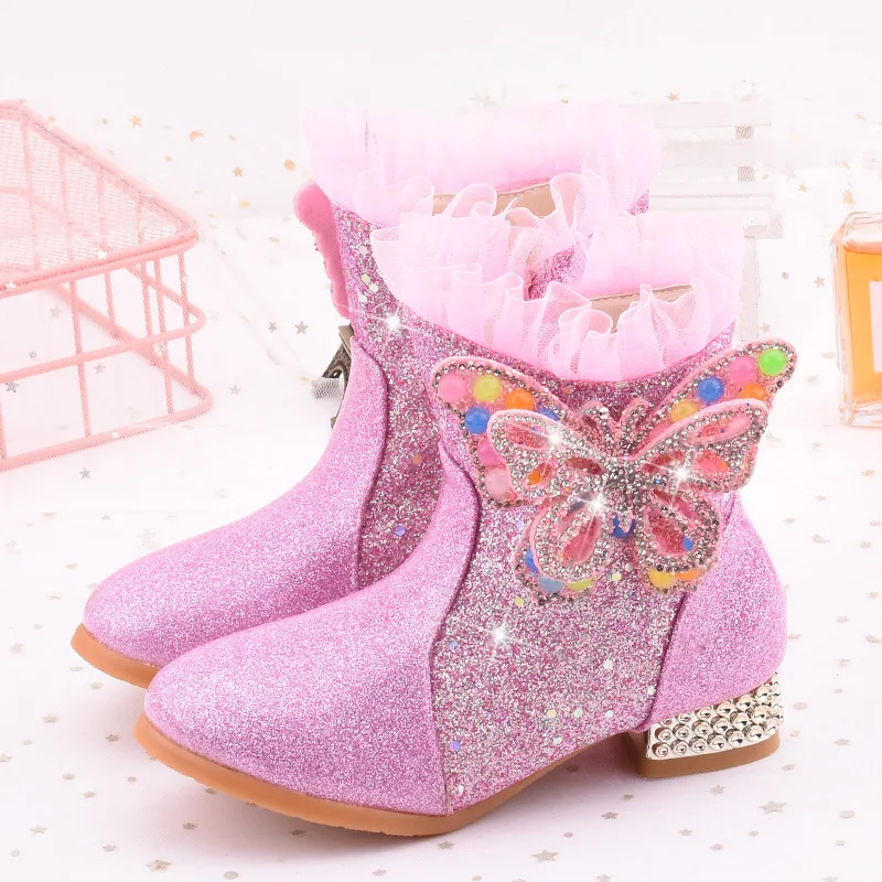 Girls Princess Boots 2025 Winter Children's High Heel Boots Sequins Rhinestone Bowknot Booties Warm Plush Kids Snow Boots 27-38