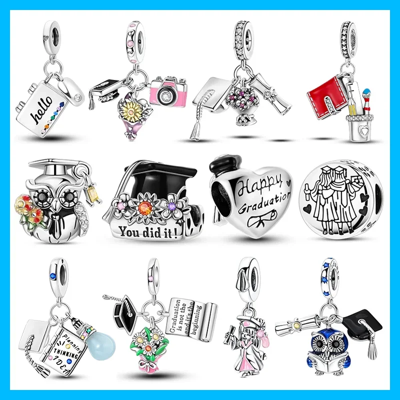 925 Sterling Silver Graduation Cap Charms Beads Fit Original Bracelets Bag Keychain Charms Beads Pendant Diy Women Jewelry Gift