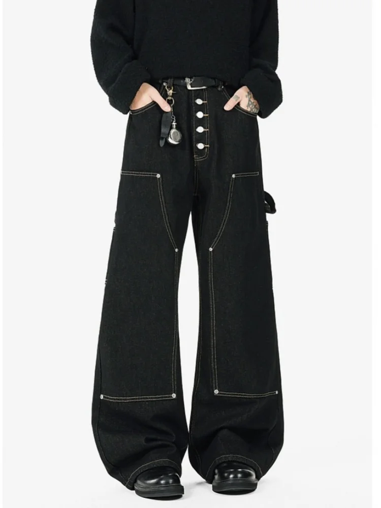 

2026 Cyber Y2K Streetwear Button Fly Black Baggy Jeans Pants For Men Clothes Straight Male Luxury Denim Trousers Pantalon Hombre