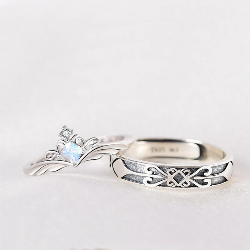 Fashion Silver Color Princess Knight Moonstone Crown Couple Adjustable Rings Love Anniversary Gift 217